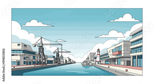Modern buildings and cranes line a serene canal under a cloudy blue sky