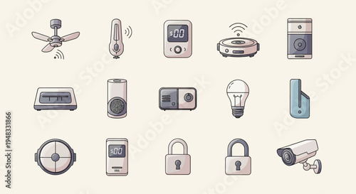 Set of smart home devices including a fan, camera, light bulb, locks, and more