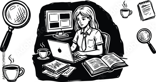 Ink sketch student at desk typing on laptop with open books coffee and magnifying glass in black white study scene