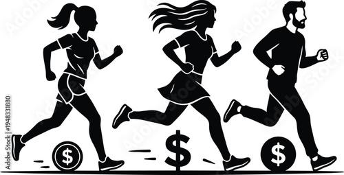 Minimalist vector side view three runners chasing dollar symbol coins representing financial race motion and competitive fitness urban track sprint