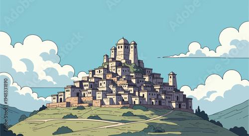Ancient stone village nestled on a grassy hill under a bright blue, cloud-dotted sky