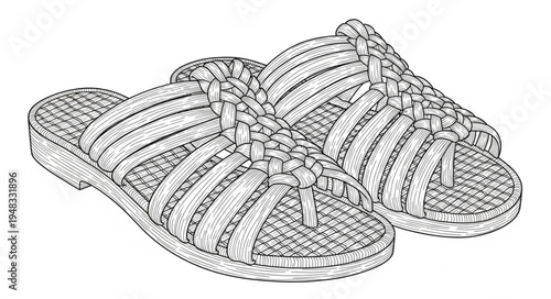 Detailed line art illustration of woven sandals or slippers.