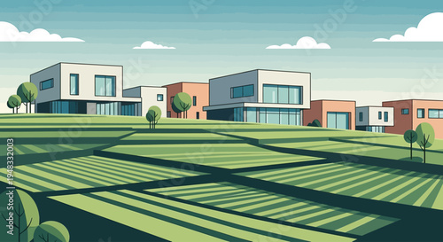 Modern houses perched on a green hill with striped fields below