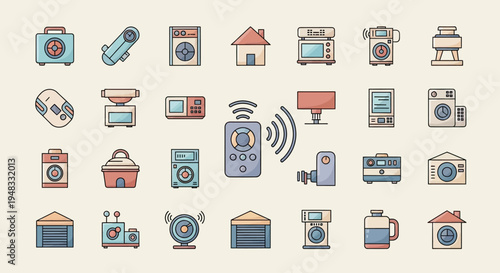 Collection of stylized icons representing smart home devices and appliances