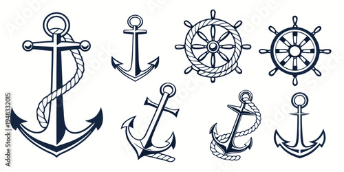 a collection of nautical anchors and ship wheels Vector
