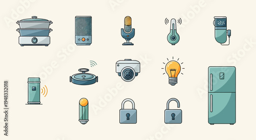 Collection of various smart home devices and icons on a light background