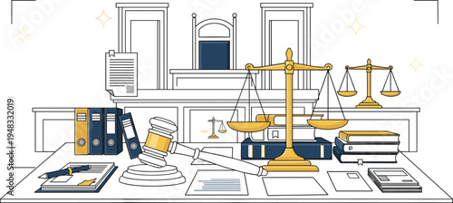 Legal Office Workspace Concept with Justice Scales, Law Books, Documents and Judge Gavel for Law Firm, Court and Legal Services Illustration