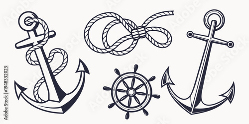 nautical icons including anchors and a ship's wheel Vector