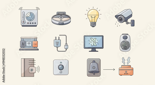 Smart home devices collection with icons thermostat, vacuum, light, camera, plug