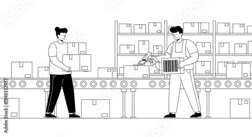 Workers handling packages in a warehouse setting.