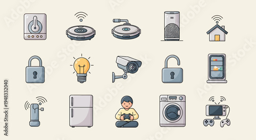 Icons depicting smart home devices security, appliances, and entertainment