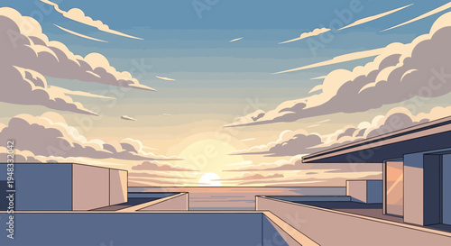 Minimalist modern rooftop overlooking a tranquil sea at sunset