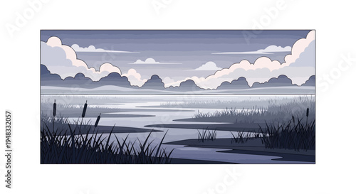 Serene marsh landscape with calm water, reeds, and cloudy sky