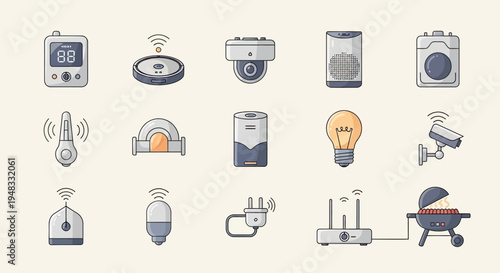 Icons of smart home devices including security, cleaning, and entertainment