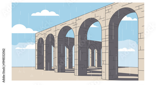 Stone arches stand in the rain beneath a cloudy blue sky