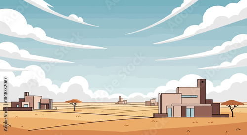 Wide shot of a stylized desert landscape with scattered adobe-like buildings under a cloudy sky