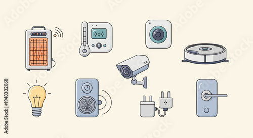 Collection of smart home devices, including a heater, thermometer, cameras, robot vacuum, bulb, speaker, and lock