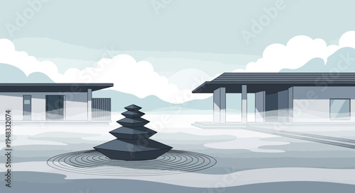 Serene minimalist landscape with stacked stone, pagoda, and cloud-filled sky