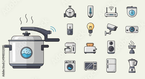 A collection of flat icons representing smart home devices and kitchen appliances