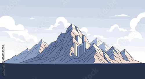 A stylized panorama of jagged mountains with a sky of clouds
