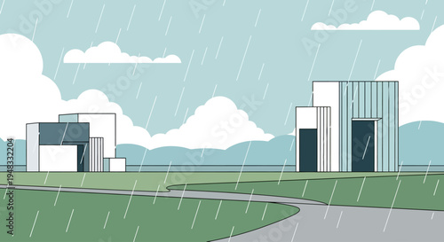 Minimalist landscape with modern buildings under a cloudy, rainy sky