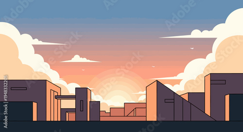 Abstract cityscape with a vibrant sunset and puffy clouds