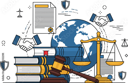 Global Legal Services Concept with Justice Scales, Judge Gavel, Law Books, Contract Agreement and World Map for International Law Illustration