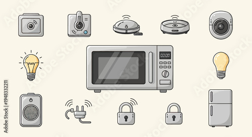 Collection of modern smart home devices and appliances, rendered in a clean, stylized design