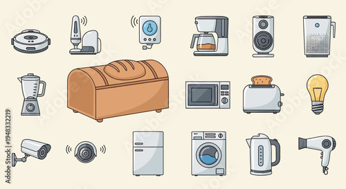 Collection of modern household appliances and gadgets