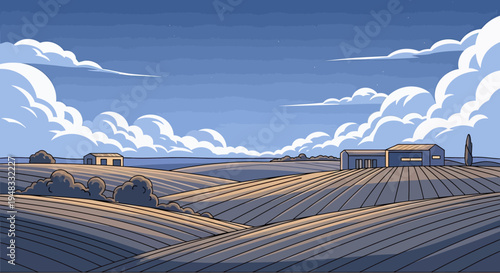 Open fields with rolling hills, scattered buildings, and dramatic clouds under a starry twilight sky