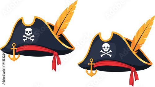 Pirate tricorn hat with skull emblem feather and anchor nautical costume accessory cartoon vector illustration