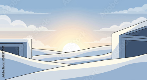 A stylized sunrise over rolling blue and white hills with abstract buildings