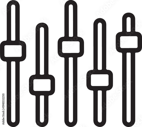 Line art illustration depicting five vertical sliders with rectangular controls high quality professional detailed modern elegant