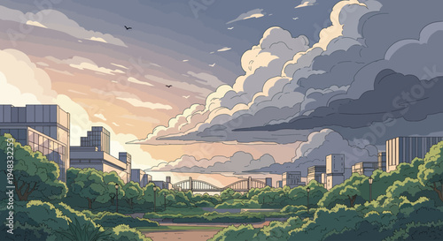 Serene cityscape with dramatic clouds and a distant bridge at sunset