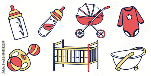 a collection of baby items and toys Vector