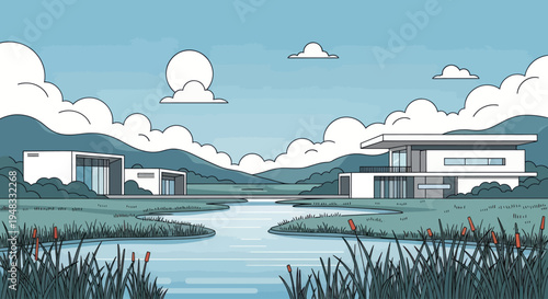 Modern homes flank a tranquil pond amidst rolling hills under a cloudy sky