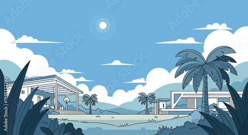 Modern homes and palm trees under a bright sky with clouds and a sun