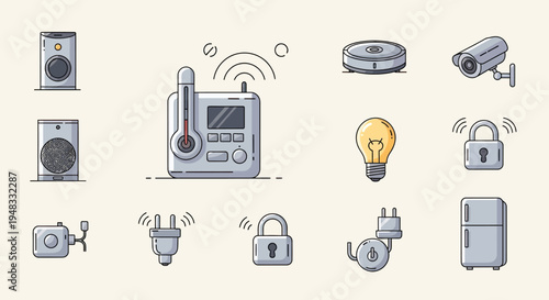 Smart home device icons, including speakers, thermostat, robot vacuum, camera, lightbulb, locks, plugs, and fridge