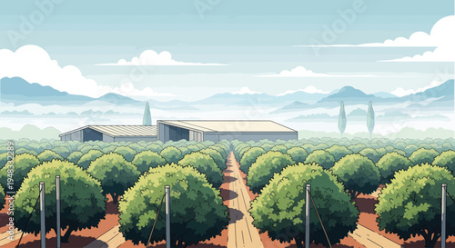 Expansive green orchards stretch towards distant buildings under a hazy sky