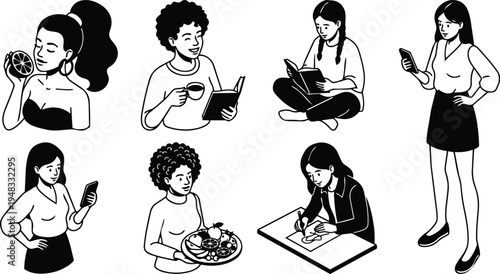 Line art vector set of women reading texting smelling orange serving food and drawing at desk in casual poses smiling