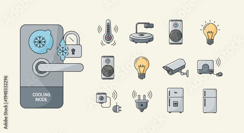 Smart home icons cooling mode lock, thermometer, speaker, bulb, camera, fridge