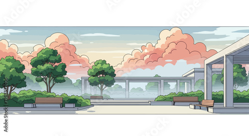 Serene park with modern architecture and soft sunrise clouds