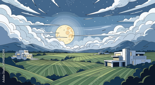 Full moon shines over rolling hills and modern homes under a starry sky