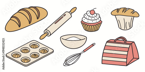 assorted baked goods and baking tools Vector