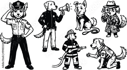 Tattoo flash line art police dog saluting standing firefighter dog holding hose detective dog with magnifier service dog kneeling leash