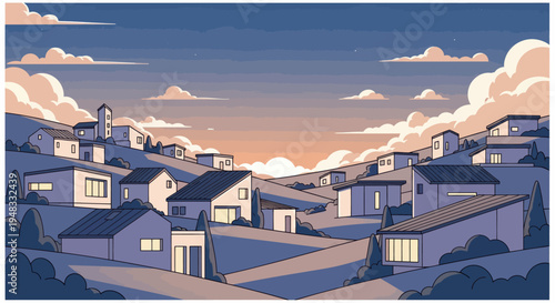 Idyllic homes nestled on rolling hills under a pastel twilight sky