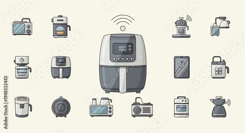 A collection of kitchen appliances, centered by a smart air fryer with Wi-Fi signals
