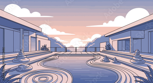 Modern minimalist resort with a serene reflecting pool under a pastel sky