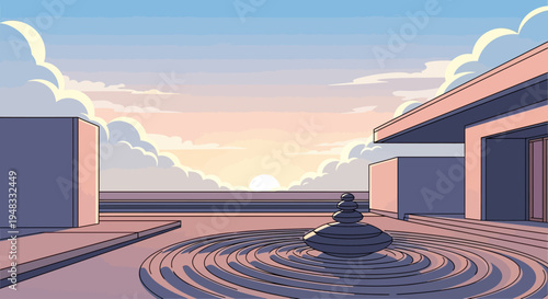 Modern zen garden at sunrise with serene architectural elements