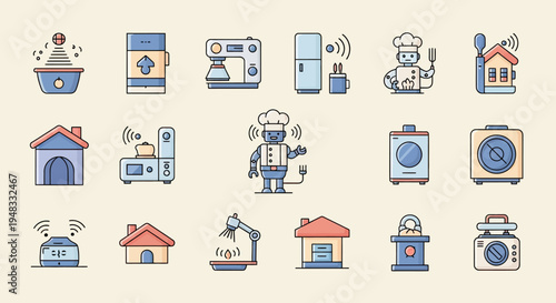 Various smart home devices and kitchen appliances depicted as icons